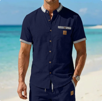 Men’s Striped Trim Mandarin Collar Short Sleeve Full Button Linen Casual Shirt