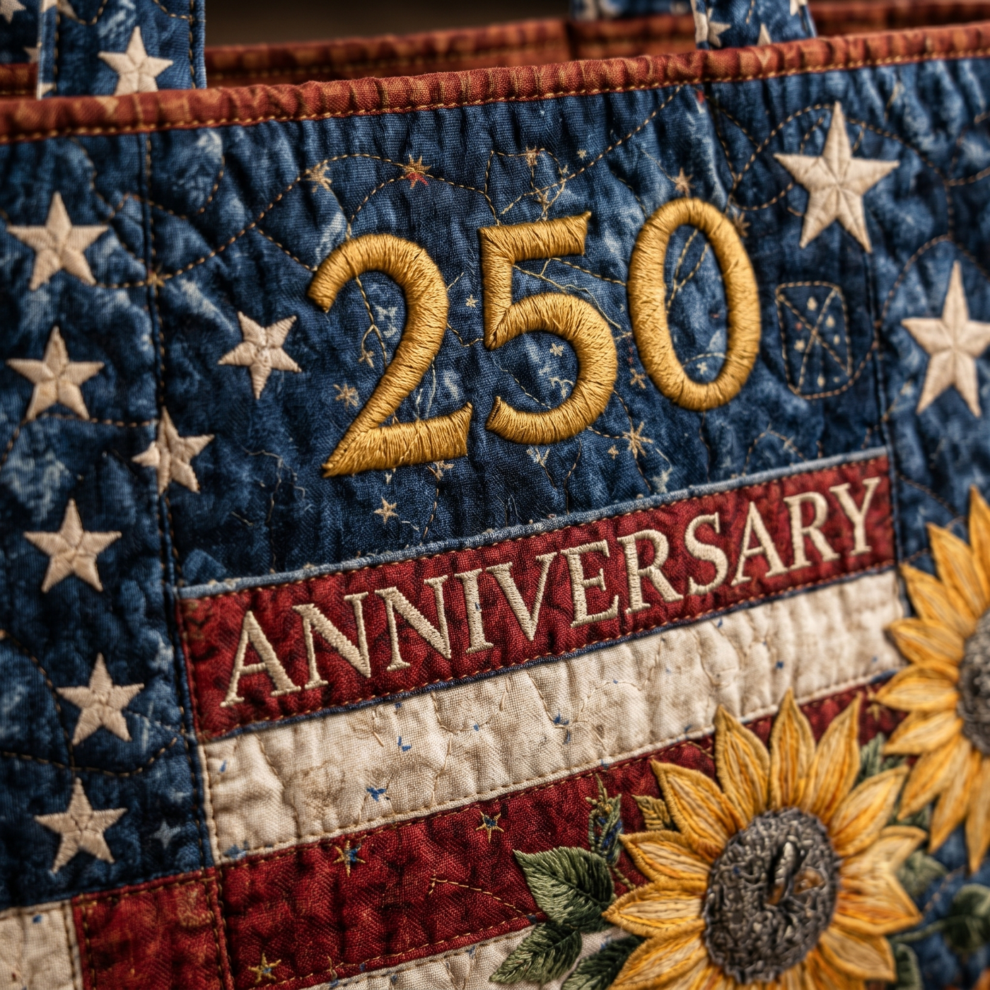 Flag Patch Sunflower Quilted Fabric Tote Bag