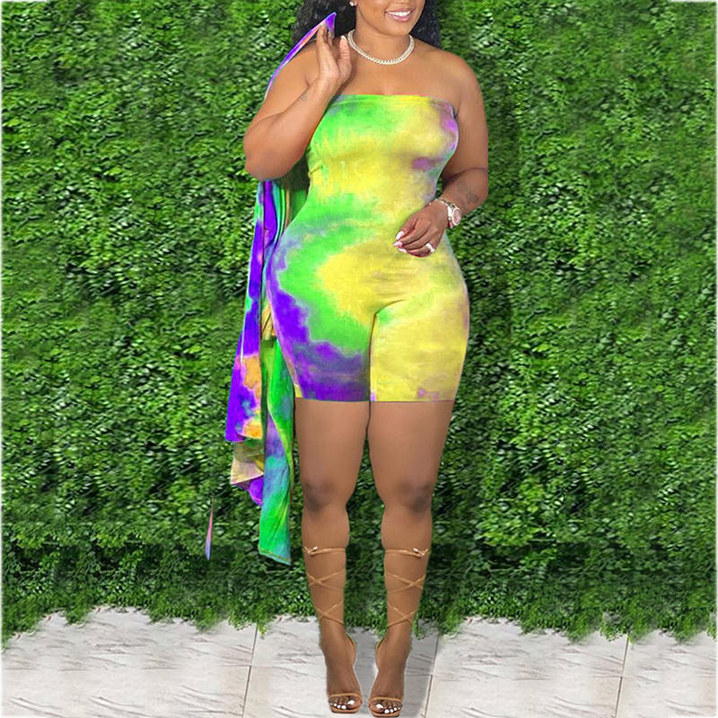 (L-5XL) Cotton tie-dye jumpsuit + long-sleeved cardigan