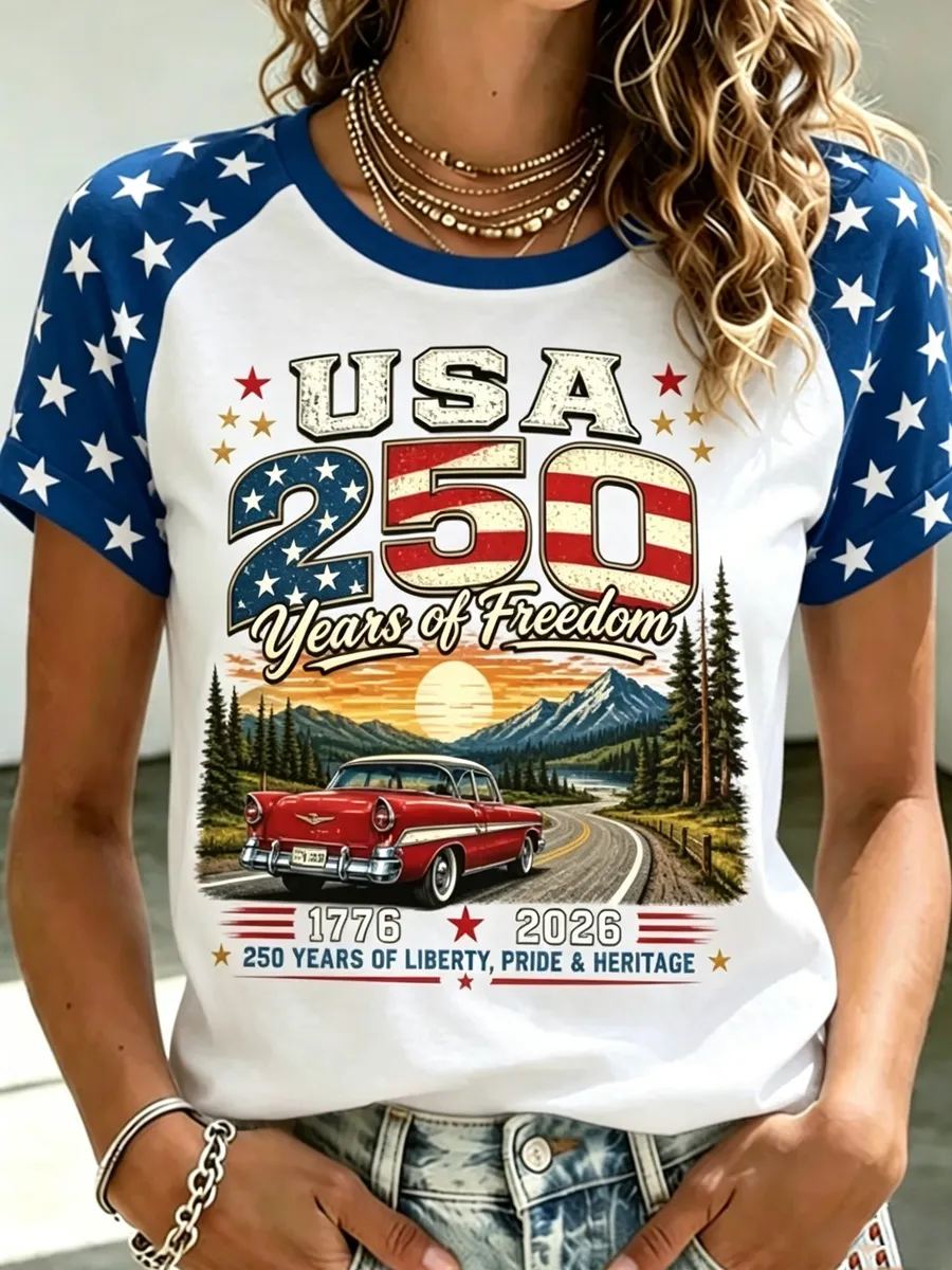 Vintage Mountain Classic Car Star Raglan Sleeve Patriotic Crew Neck T-Shirt for Women