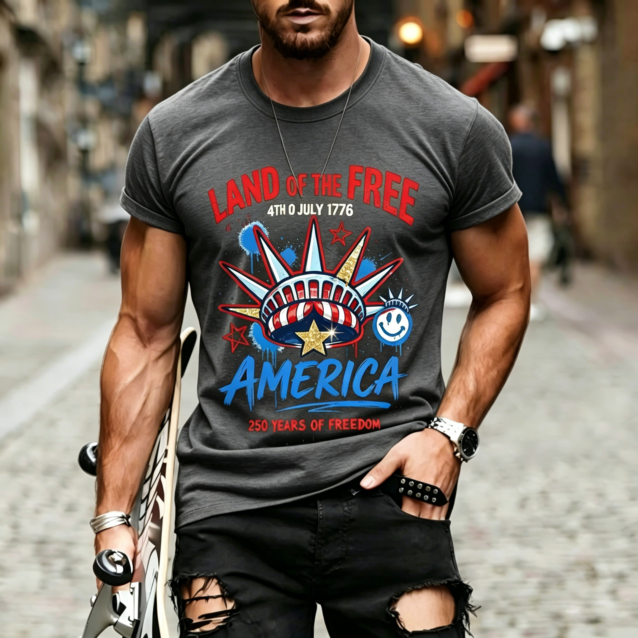 [Copy]Papa With Kids Names Airplane US Flag America's 250th Anniversary Patriotic Print Crew Neck Loose Fit Men Oversized Casual Tee