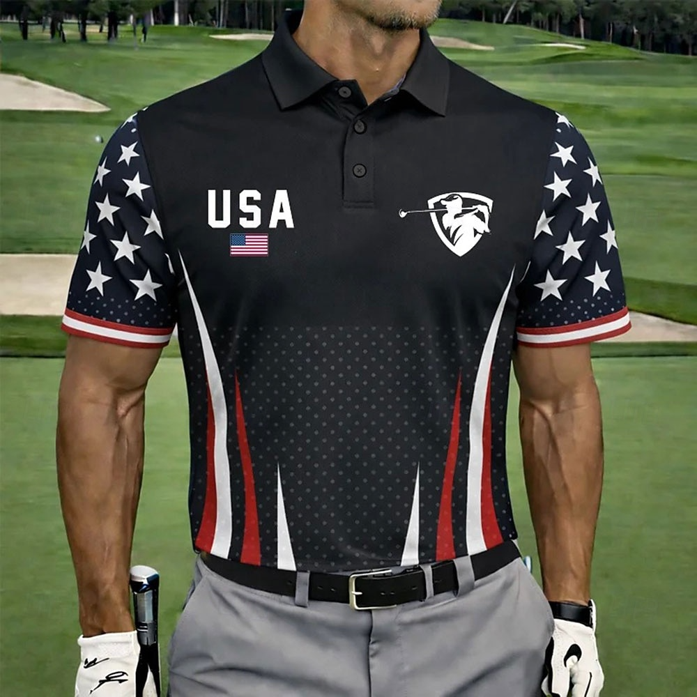 4th of July 2026   Men's American US Flag Polo Shirts Short Sleeve Polo Shirts Collared Shirts Casual Athleisure Buttons Spring & Summer Blue Black 3 Black 1