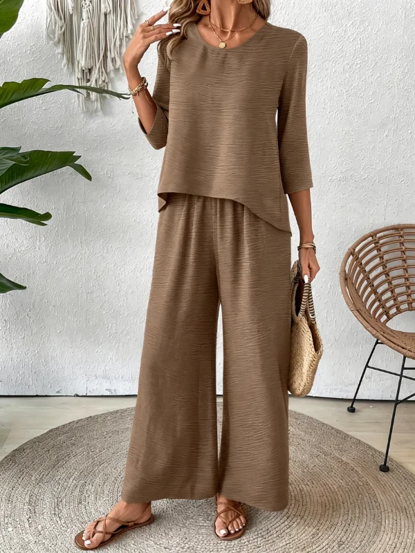 Minimalist Round Neck Three Quarter Sleeve Asymmetrical Hem Textured Top Elastic Waist Wide Leg Pant Two Piece Women Outfit