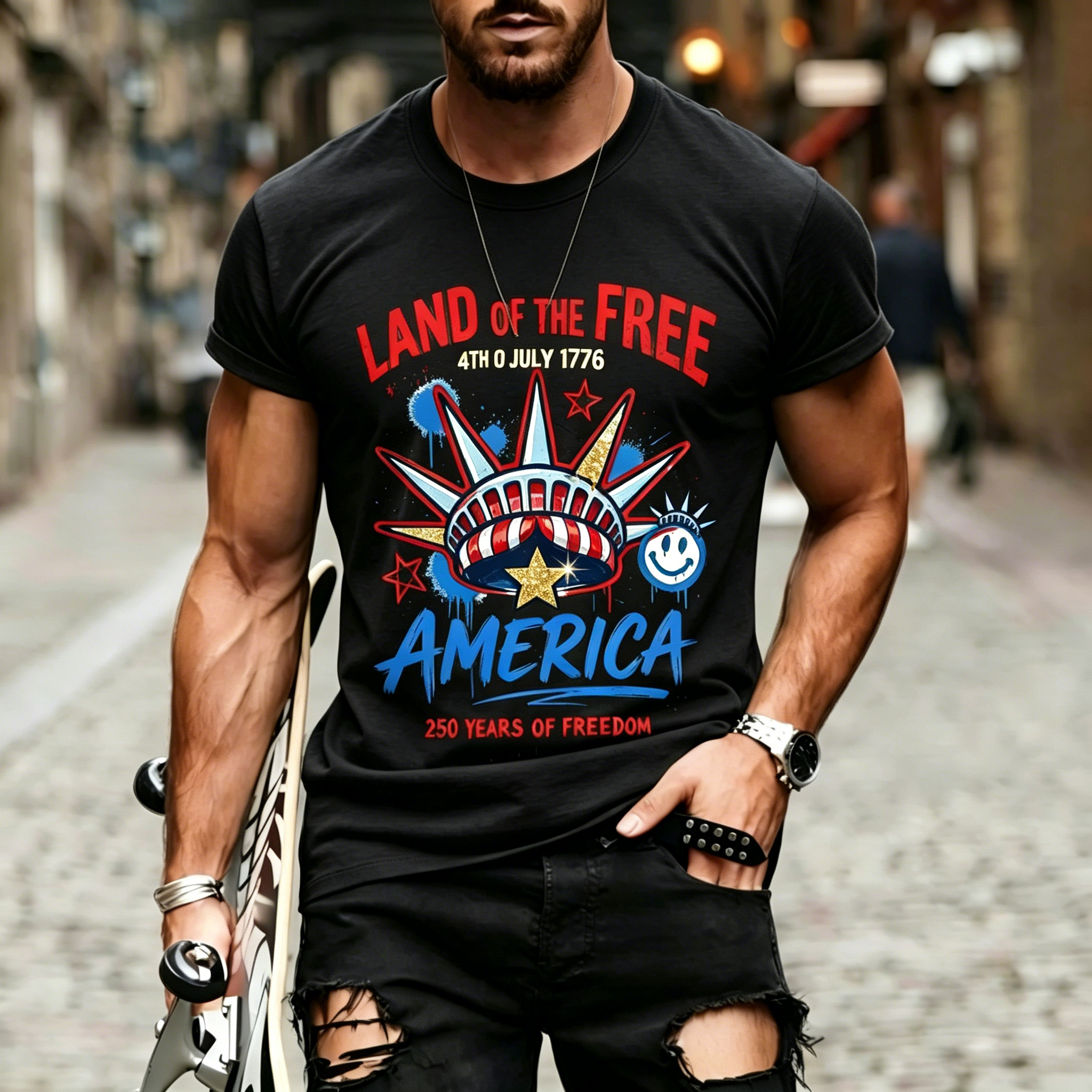 [Copy]Papa With Kids Names Airplane US Flag America's 250th Anniversary Patriotic Print Crew Neck Loose Fit Men Oversized Casual Tee