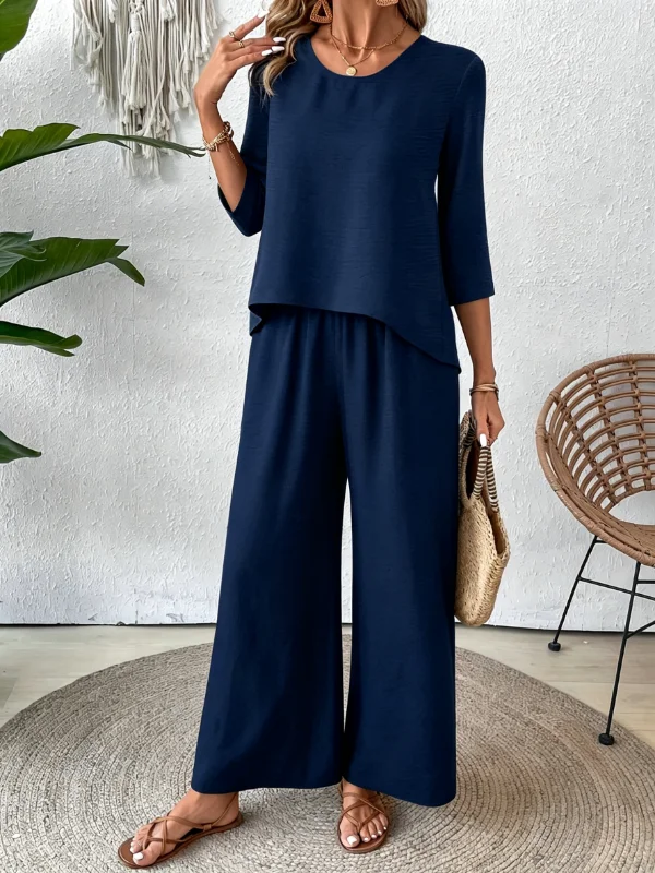 Minimalist Round Neck Three Quarter Sleeve Asymmetrical Hem Textured Top Elastic Waist Wide Leg Pant Two Piece Women Outfit