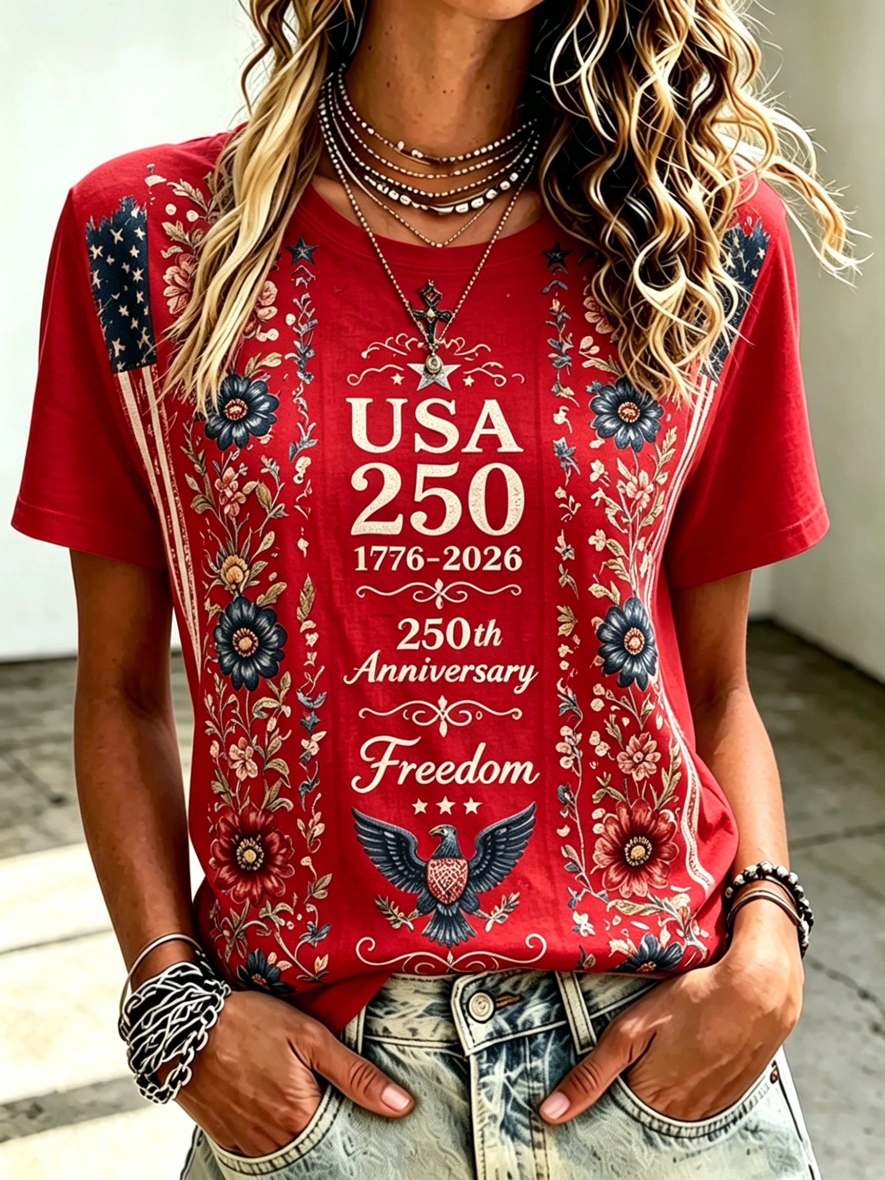 Women’s Retro Floral Vine Vertical Star Flag Eagle Heart Shield Print Crew Neck Short Sleeve Casual Patriotic T-Shirt