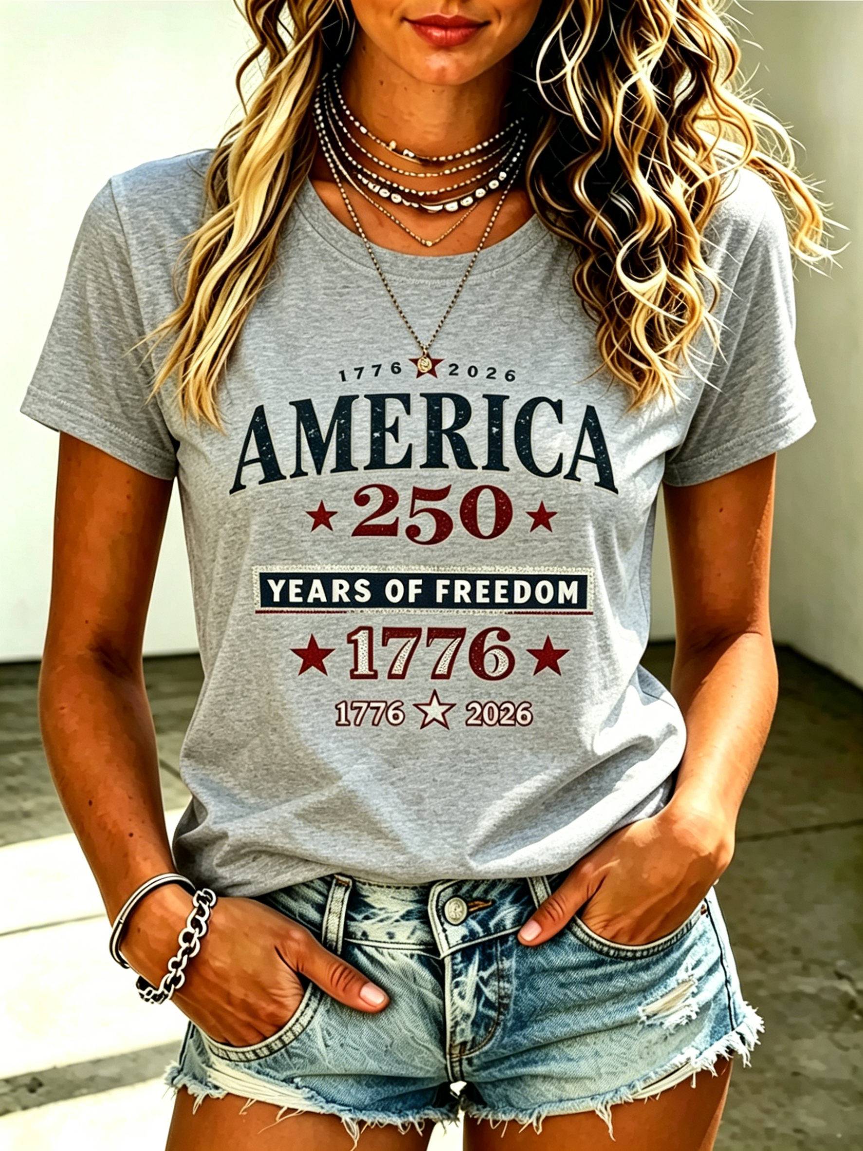 Retro Crackle America 250th Anniversary 1776-2026 Freedom Patriotic Star Print Crew Neck Loose Fit Women Oversized Casual Tee