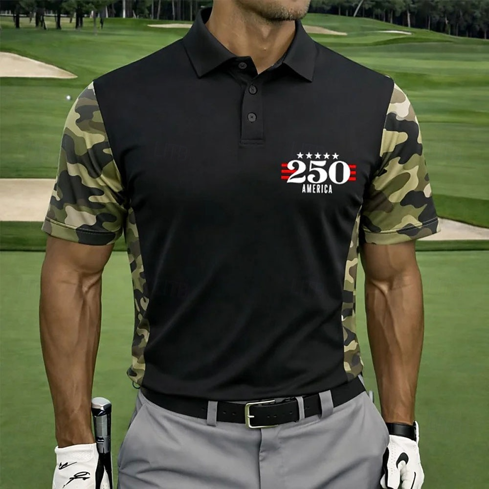 4th of July 2026 250th Men's American US Flag Polo Shirts Short Sleeve Polo Shirts Collared Shirts Casual Athleisure Buttons Spring & Summer Blue Black 3 Black 1