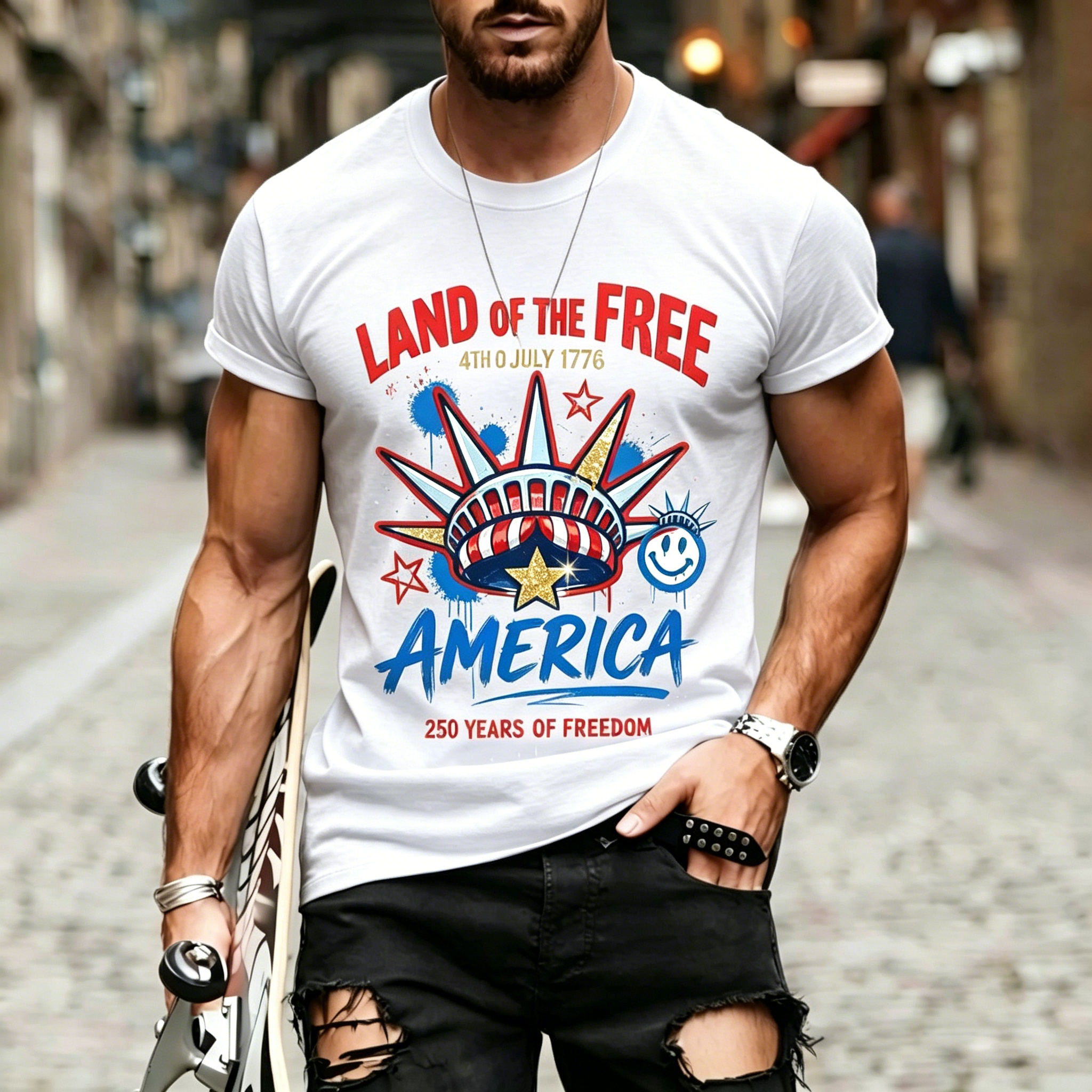 [Copy]Papa With Kids Names Airplane US Flag America's 250th Anniversary Patriotic Print Crew Neck Loose Fit Men Oversized Casual Tee