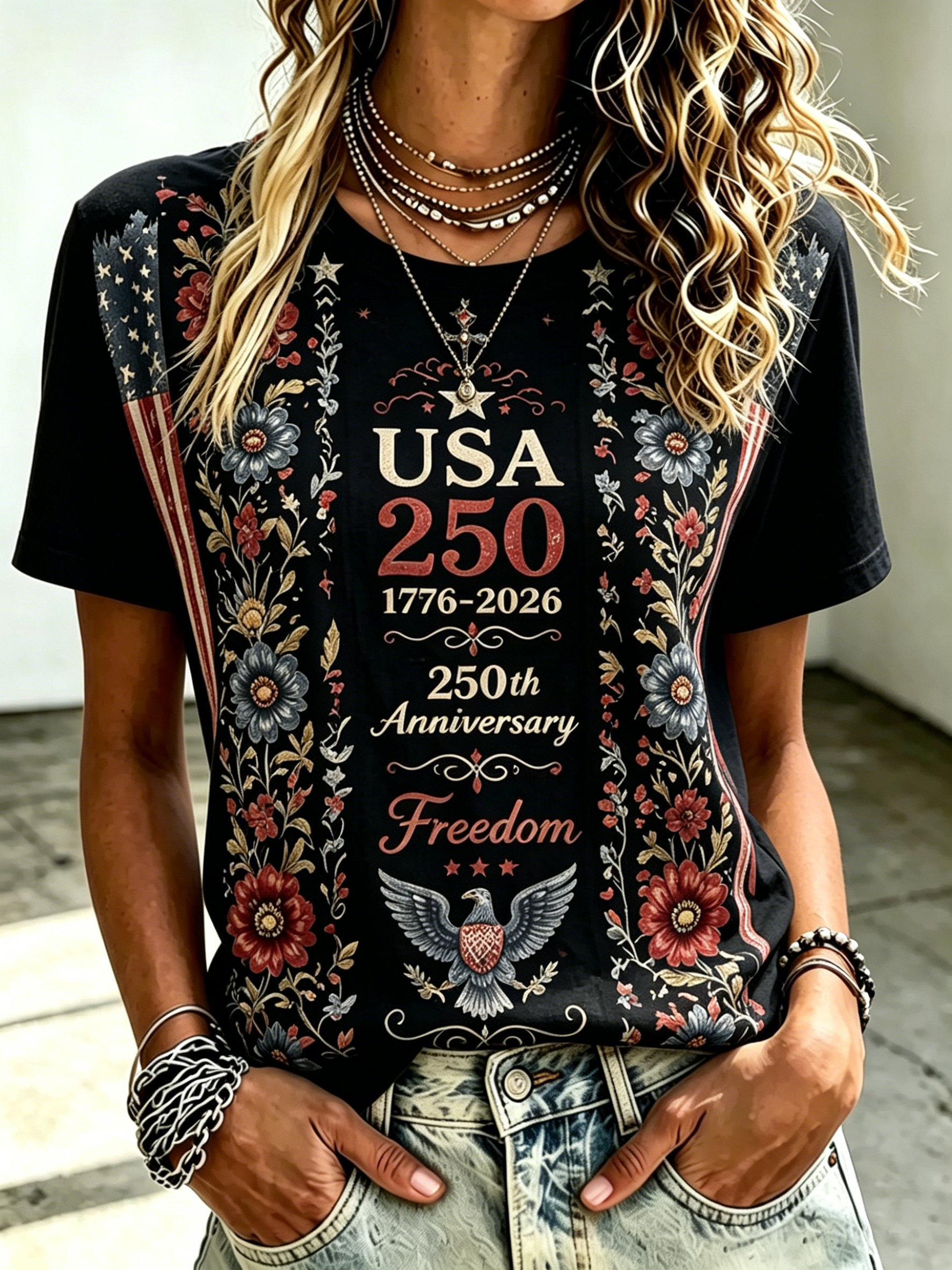 Women’s Retro Floral Vine Vertical Star Flag Eagle Heart Shield Print Crew Neck Short Sleeve Casual Patriotic T-Shirt
