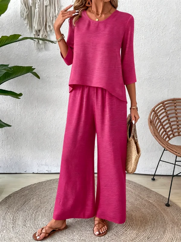 Minimalist Round Neck Three Quarter Sleeve Asymmetrical Hem Textured Top Elastic Waist Wide Leg Pant Two Piece Women Outfit