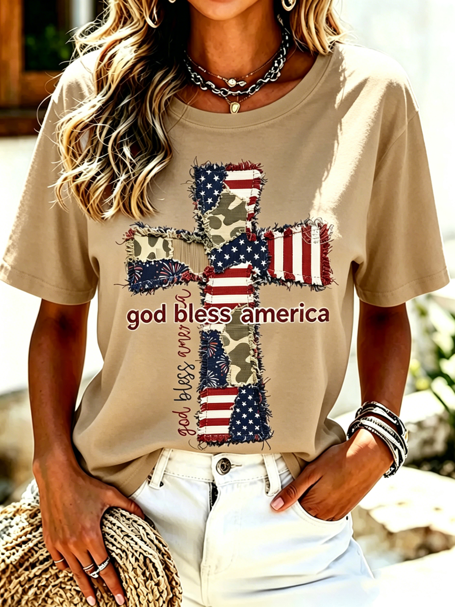 Vintage Frayed Fringe Cross USA Flag Camo Patch God Bless America Print Crew Neck Patriotic Casual Short Sleeve T-Shirt
