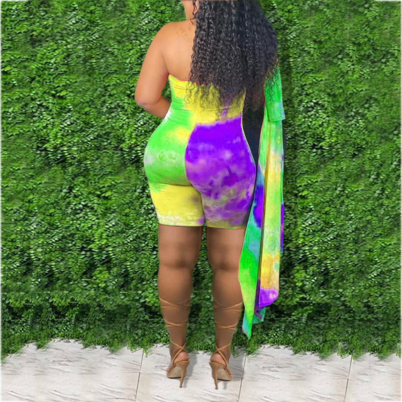 (L-5XL) Cotton tie-dye jumpsuit + long-sleeved cardigan