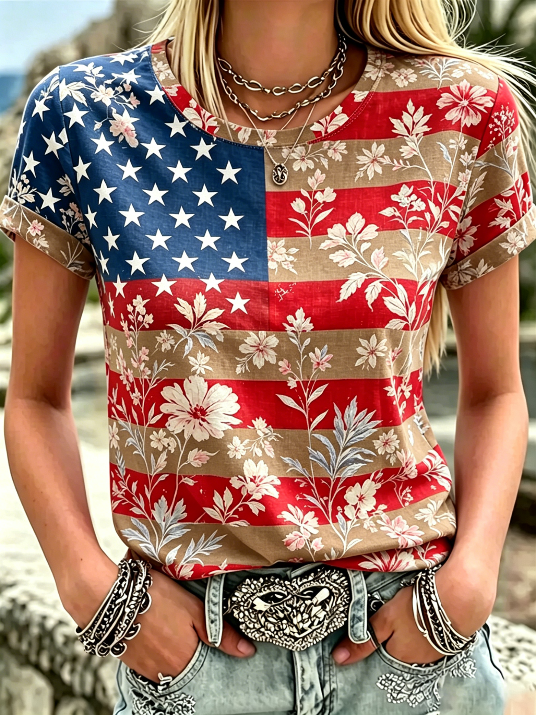 Floral USA Flag Print Roll Cuff Crew Neck T-Shirt for Women