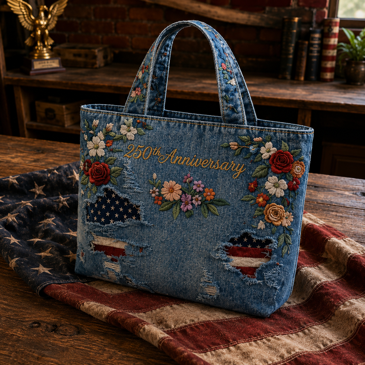 Distressed Flag Floral Embroidery Denim Fabric Tote Bag