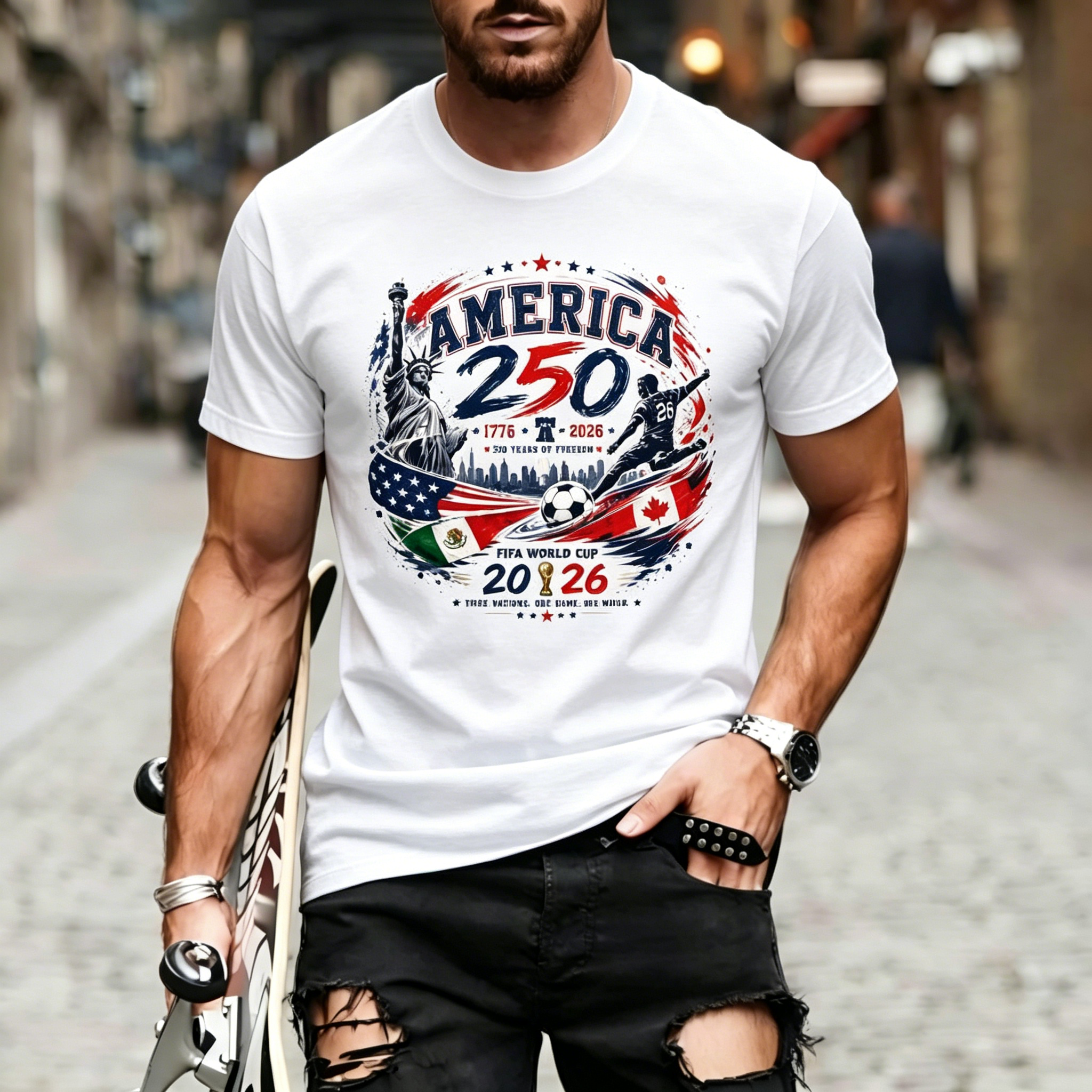 World Cup Soccer America Statue Liberty Three Country Flags Patriotic Crew Neck T-Shirt for Men
