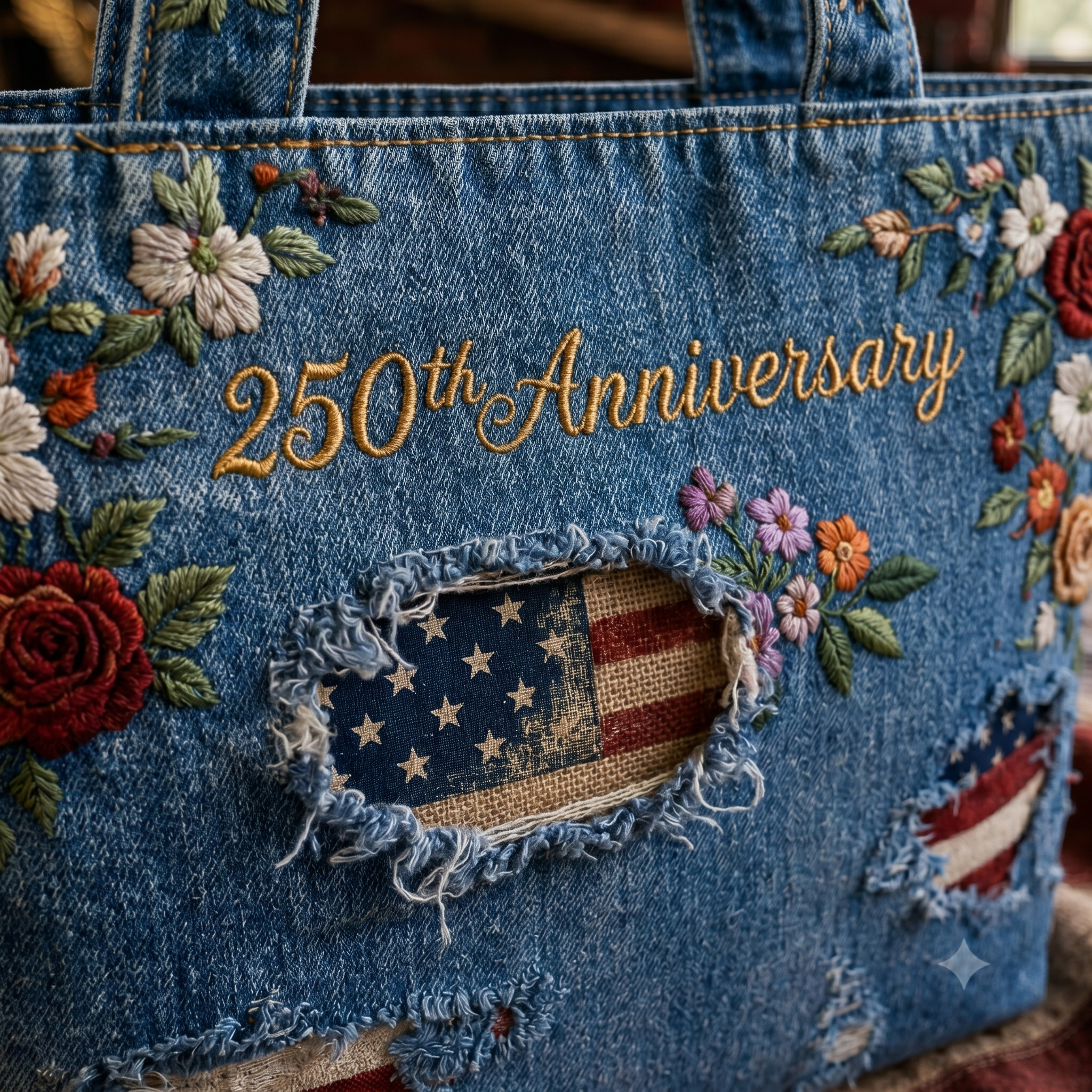 Distressed Flag Floral Embroidery Denim Fabric Tote Bag