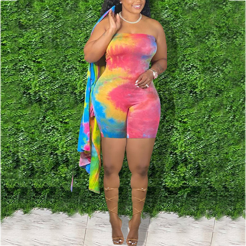 (L-5XL) Cotton tie-dye jumpsuit + long-sleeved cardigan