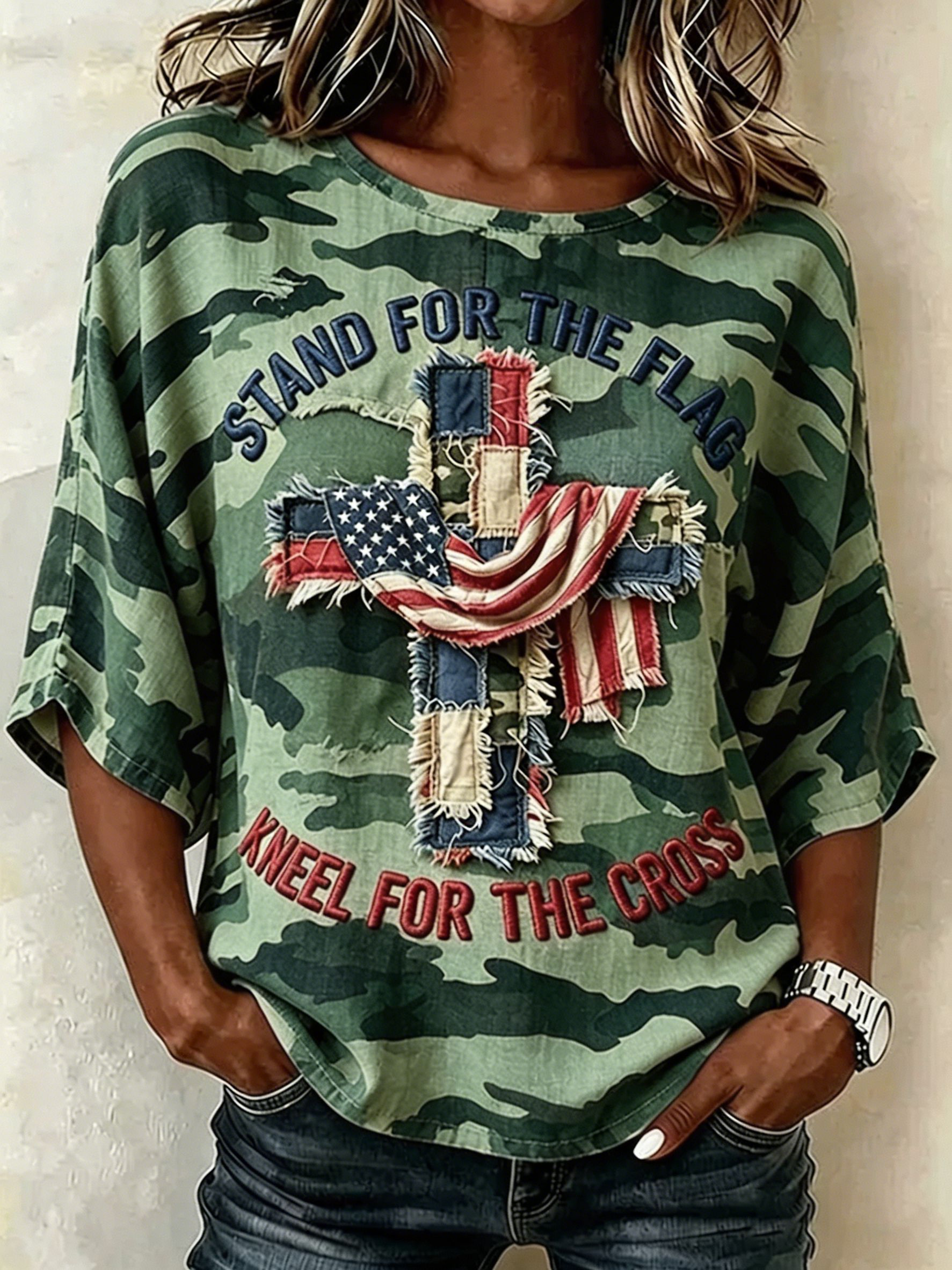 Stand For The Flag Kneel For The Cross Camo T-Shirt USA Flag Cross Graphic Tee