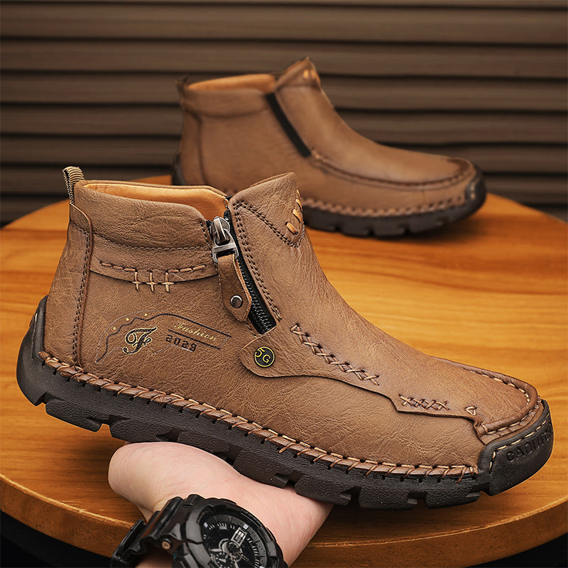 Men's Top-Quality Motorcycle Boots Hand-Stitched Genuine Leather Boots-Wide Toe, Waterproof, Anti-Slip, Anti-Sprain, Suitable for Work, Driving, Hiking