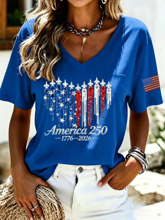 American Flag Jet Heart Graphic T-Shirt, Patriotic V-Neck Casual Short Sleeve Top