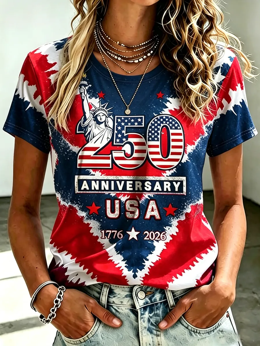 Liberty Statue USA Flag Print T-Shirt, Patriotic Tie-Dye Casual Short Sleeve Tee