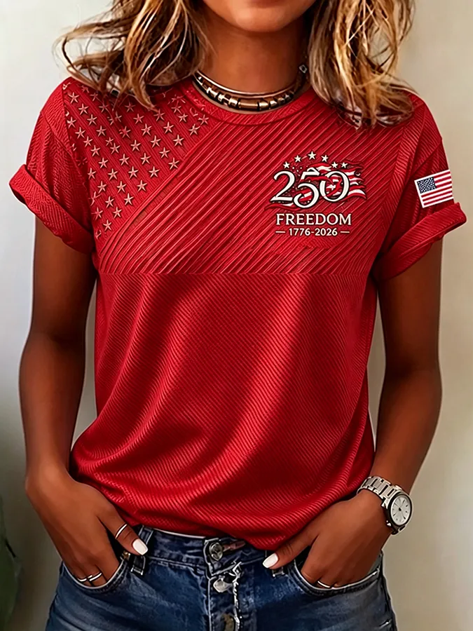 Patriotic Freedom USA Flag Print T-Shirt, Ribbed Star Pattern Casual Short Sleeve Top