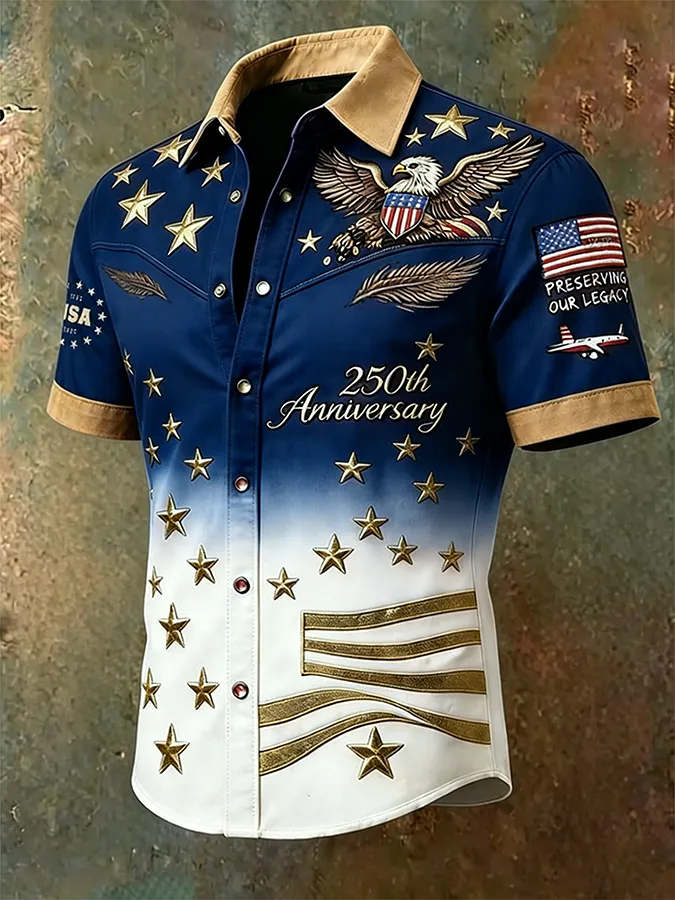 Vintage Western Style Patriotic Shirt, Eagle & Flag Embroidered Purple-to-White Gradient Top