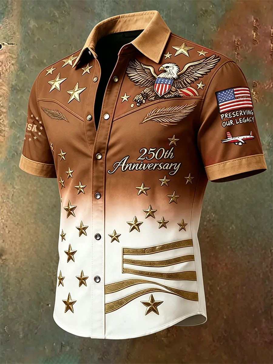 Vintage Western Style Patriotic Shirt, Eagle & Flag Embroidered Purple-to-White Gradient Top