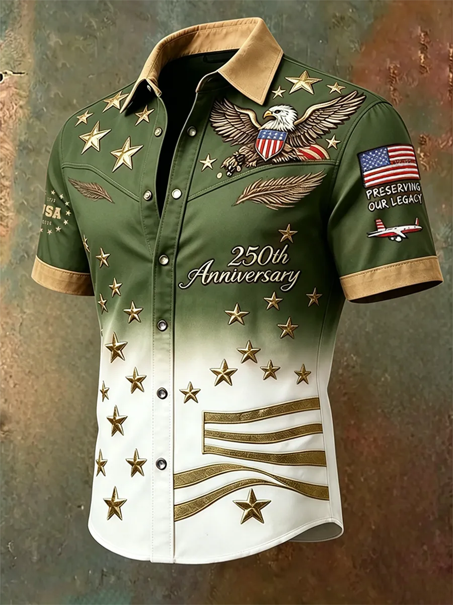 Vintage Western Style Patriotic Shirt, Eagle & Flag Embroidered Purple-to-White Gradient Top
