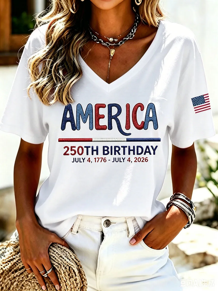 America 250th Birthday Print V-Neck T-Shirt, Patriotic Casual Short Sleeve Tee with Flag Detail