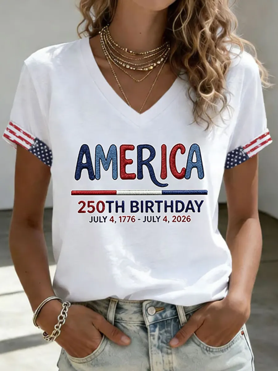 Patriotic USA 250th Anniversary T-Shirt, "AMERICA" Print Star-Stripe Cuff Casual Top