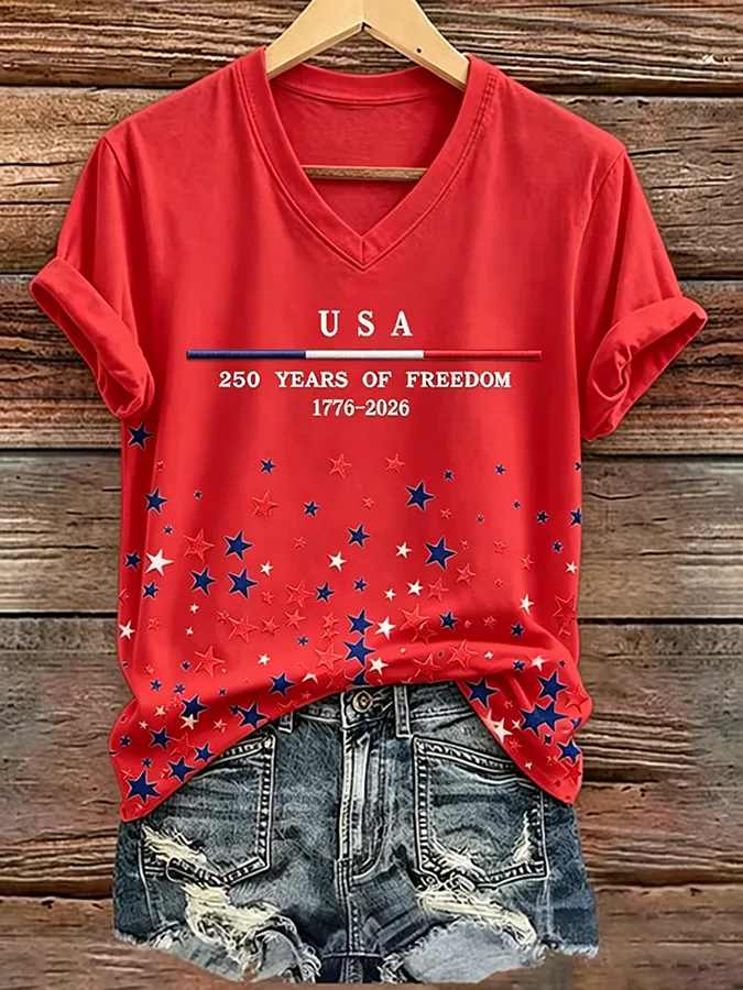 USA 250 Years of Freedom Star Print V-Neck Casual T-Shirt