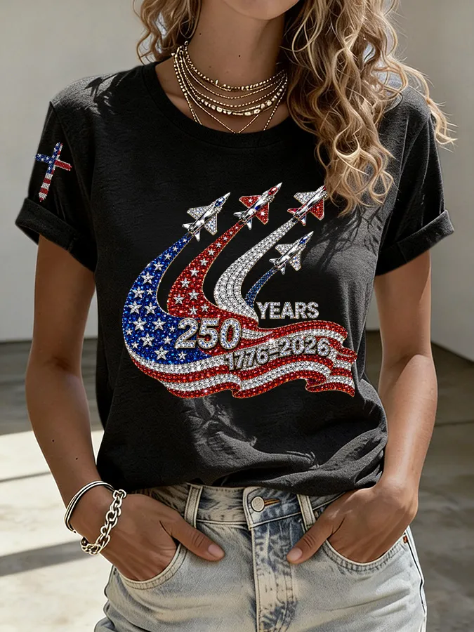 Patriotic 250 Years Flag & Jet Rhinestone Embellished Crew Neck Tee