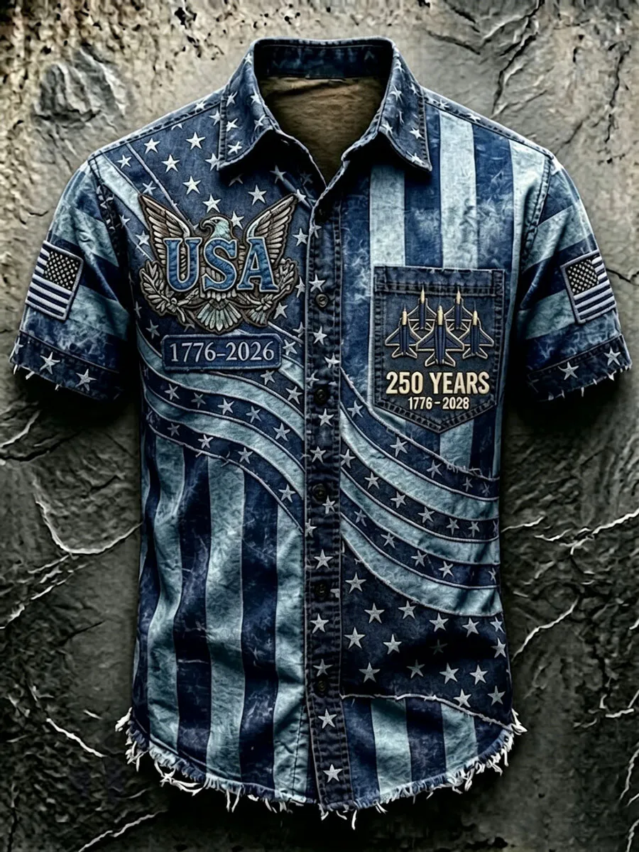 Vintage USA Eagle & Jet Print Short Sleeve Patriotic Button-Down Shirt