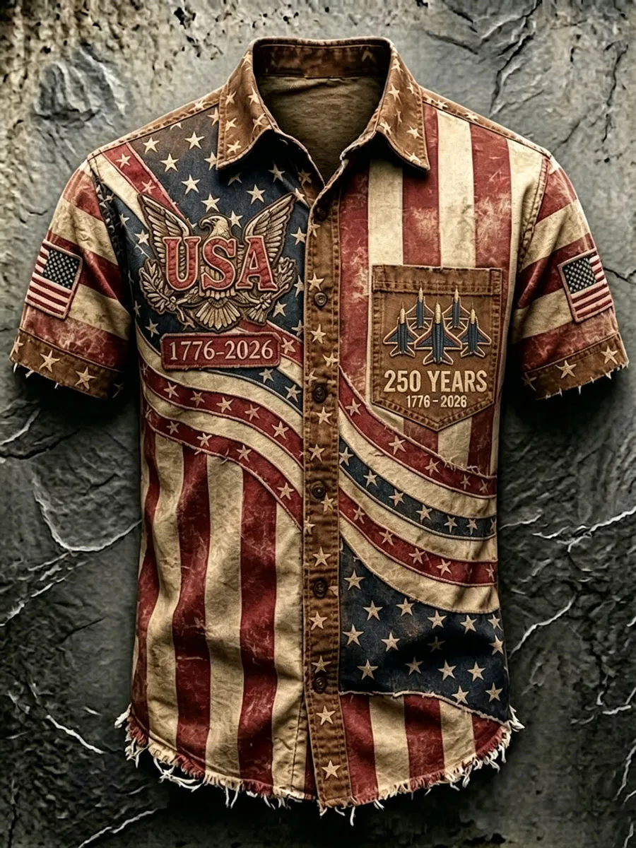 Vintage USA Eagle & Jet Print Short Sleeve Patriotic Button-Down Shirt