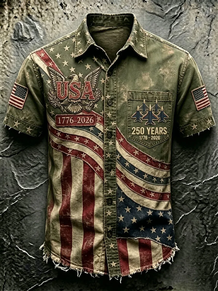 Vintage USA Eagle & Jet Print Short Sleeve Patriotic Button-Down Shirt