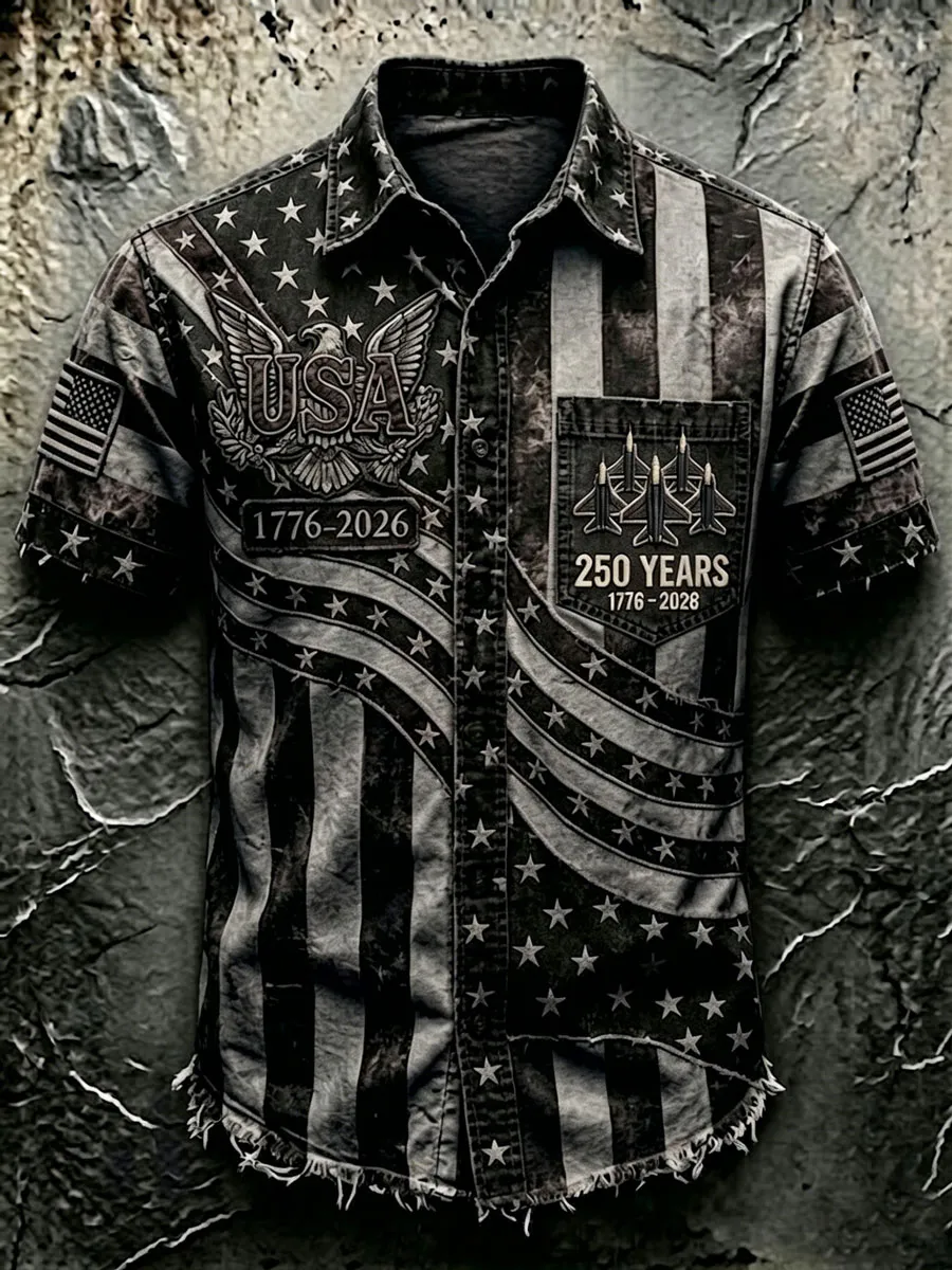 Vintage USA Eagle & Jet Print Short Sleeve Patriotic Button-Down Shirt