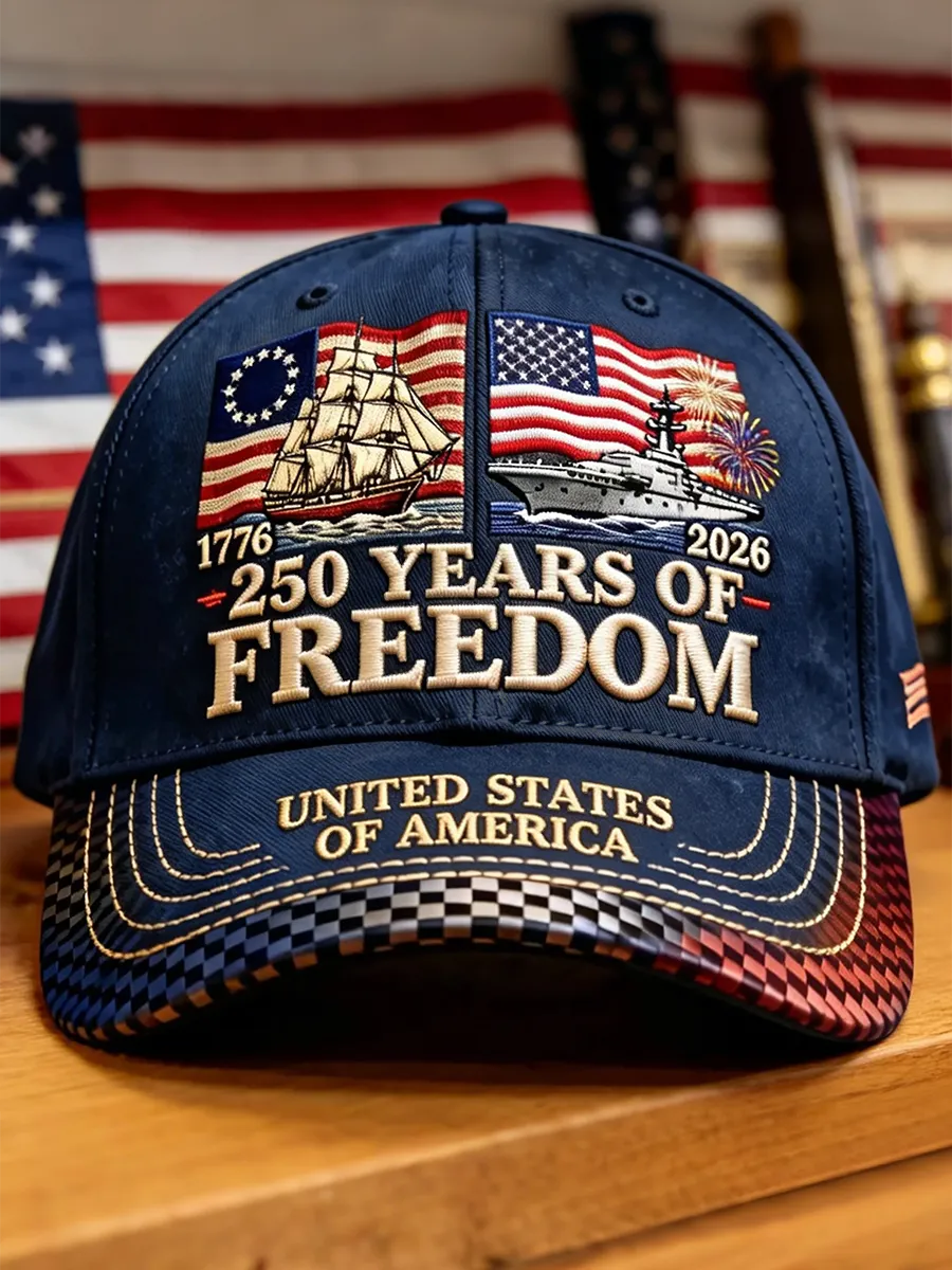 250 Years of Freedom Patriotic Ship & Flag Embroidered Baseball Cap