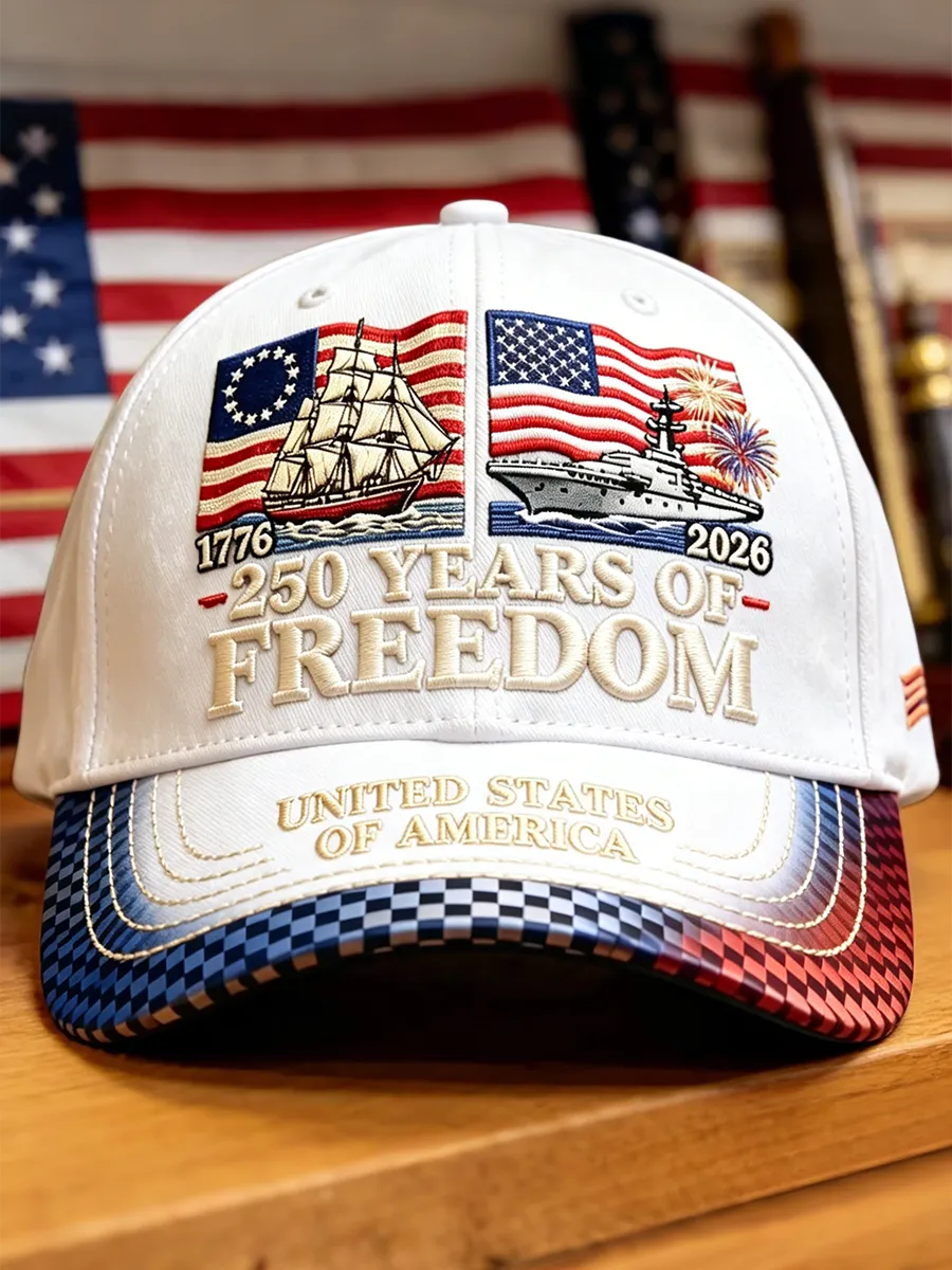 250 Years of Freedom Patriotic Ship & Flag Embroidered Baseball Cap
