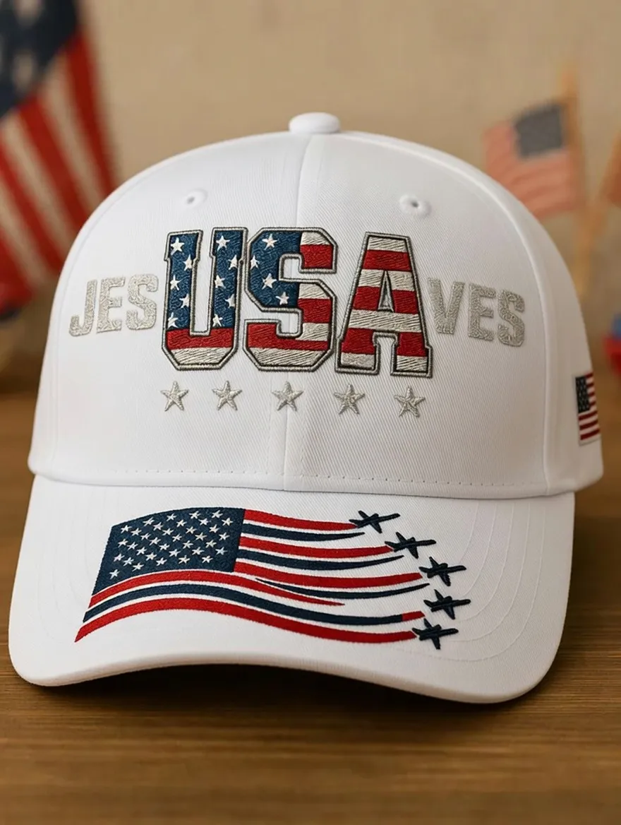 Patriotic USA Flag Jet Design "Jesus Saves" Baseball Hat