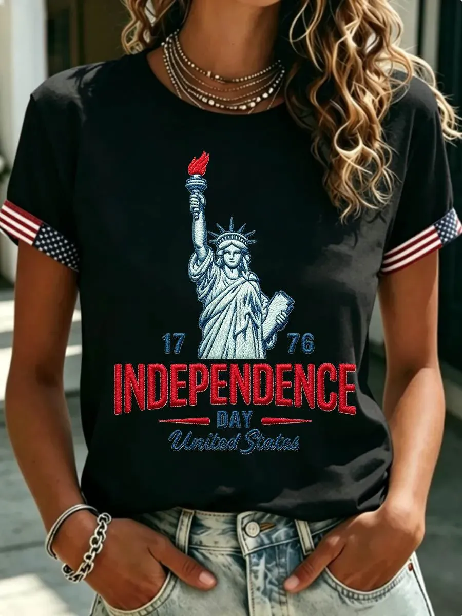 Statue of Liberty Independence Day Print T-Shirt, USA Flag Cuff Casual Tee