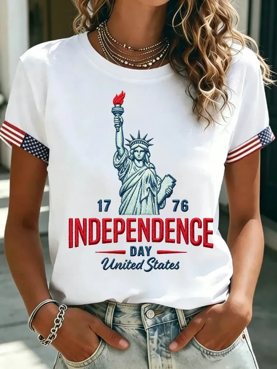 Statue of Liberty Independence Day Print T-Shirt, USA Flag Cuff Casual Tee