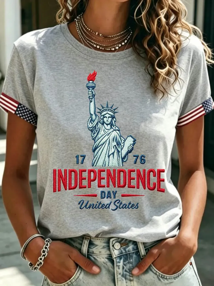 Statue of Liberty Independence Day Print T-Shirt, USA Flag Cuff Casual Tee