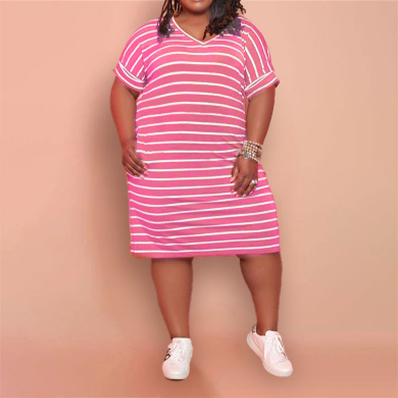 (L-5XL) Striped midi dress with a V-neck