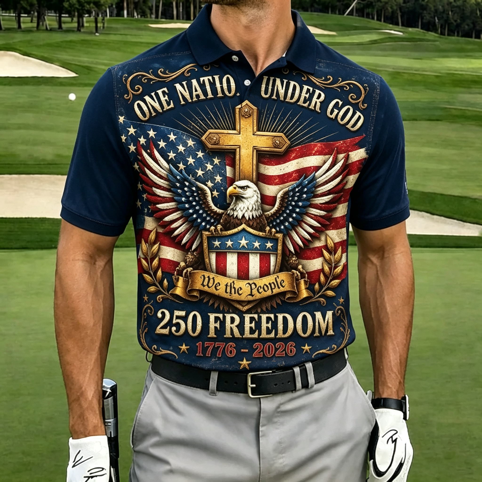 Faith Family Cross Eagle USA Flag Men Quick Dry Golf Polo