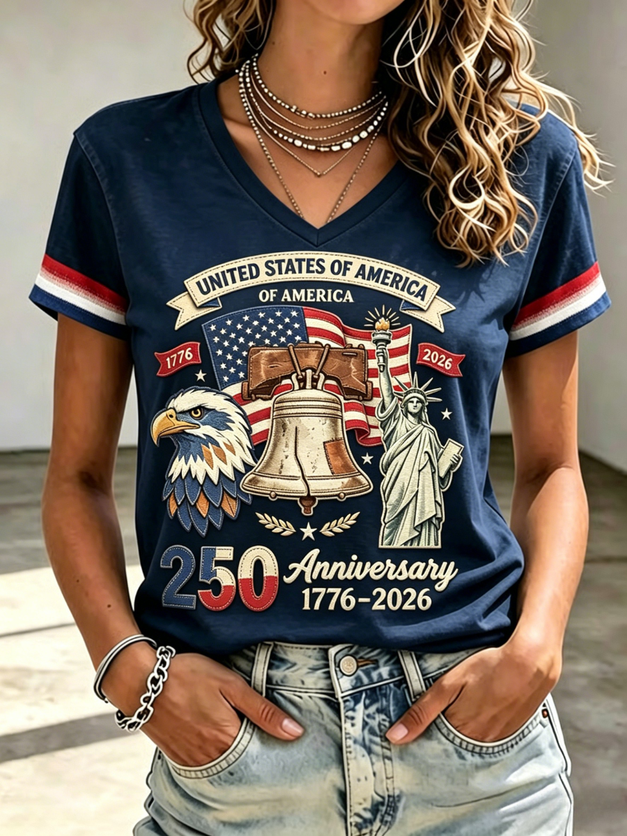 Vintage Eagle Liberty Bell Statue Liberty Patriotic V Neck T-Shirt Women USA Flag Casual Top