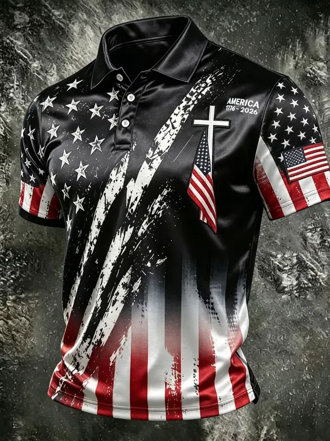 Men's "America 1776-2026" Patriotic Cross & Flag Print Polo Shirt
