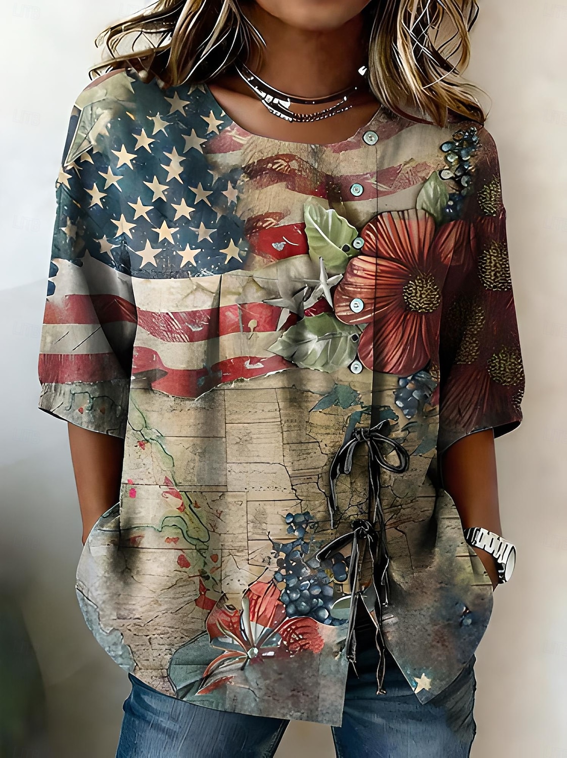 American Independence Day Women's Shirt – Buttons Print Graphic, Long Sleeve Shirt Collar