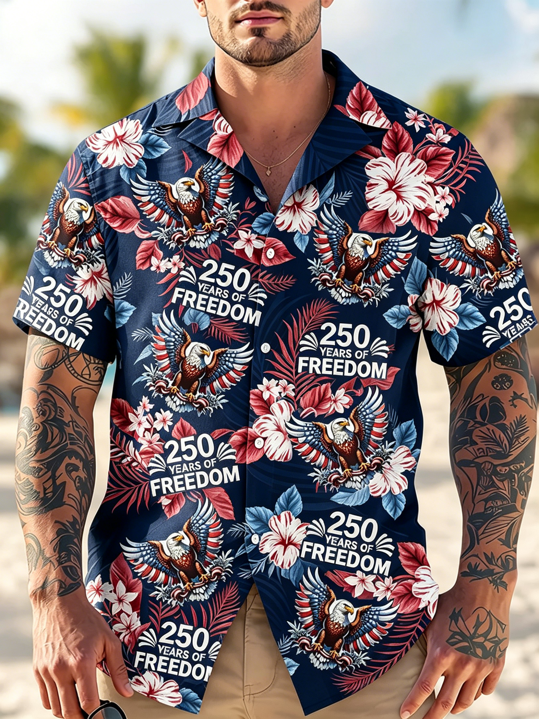 Patriotic USA Eagle Flag Print Camp Collar Shirt, Star & Firework Casual Aloha Shirt